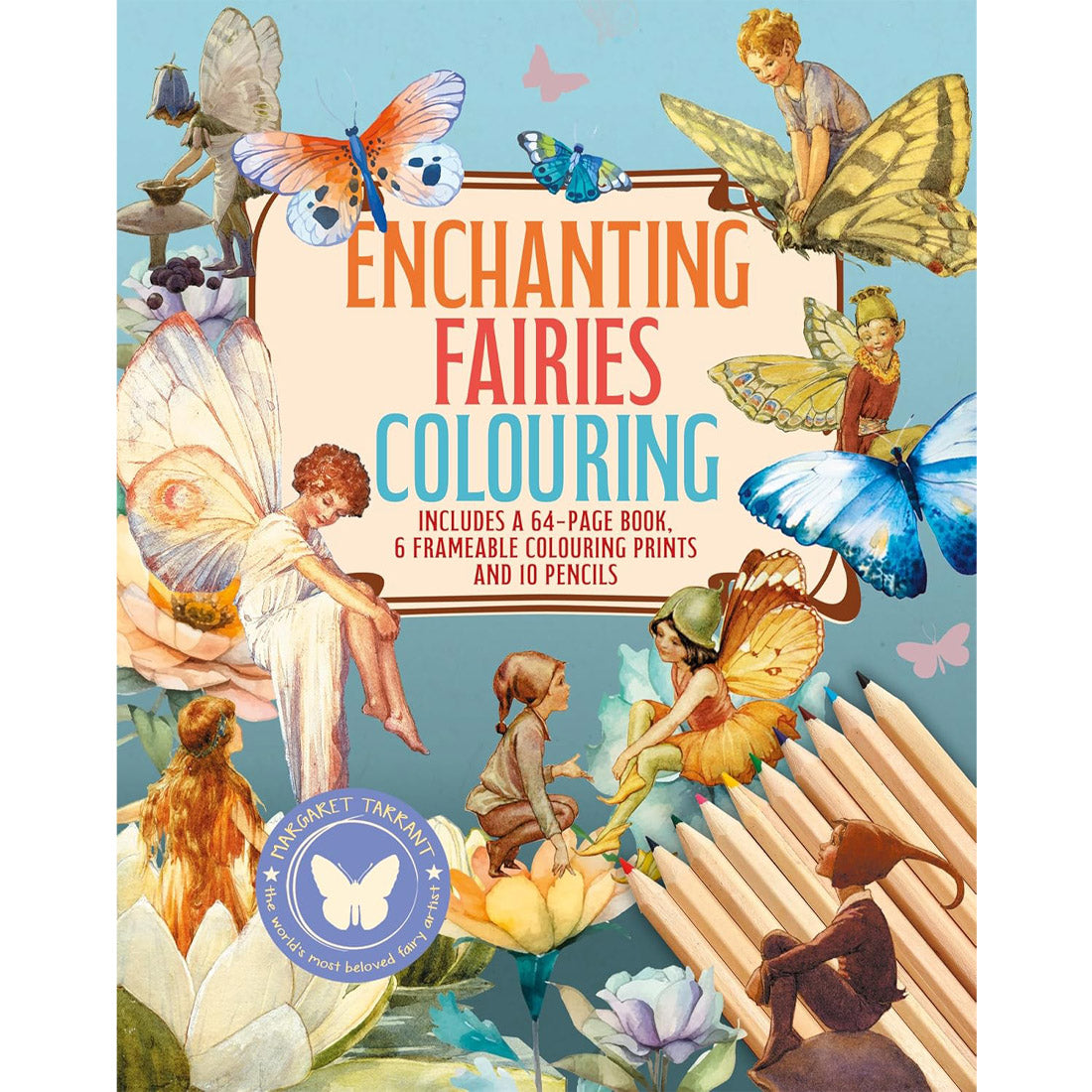 Book cover of 'Enchanting Fairies Colouring' with fairies, butterflies, and pencils on a blue background.