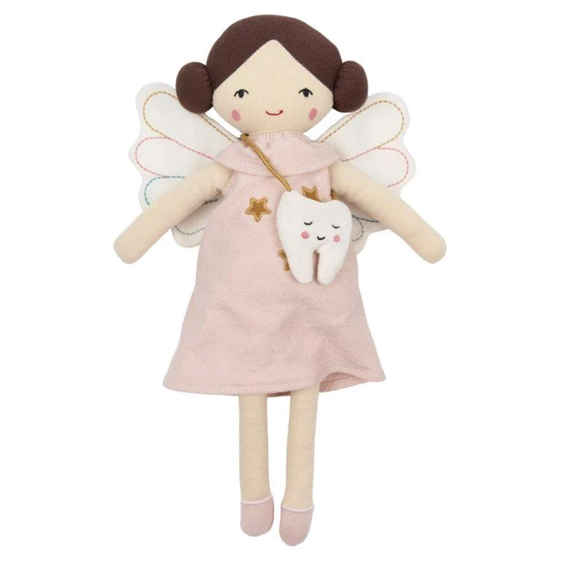 A soft plush fairy doll with brown hair, a light pink dress, and white wings, holding a small white tooth character on a gold chain against a plain white background.