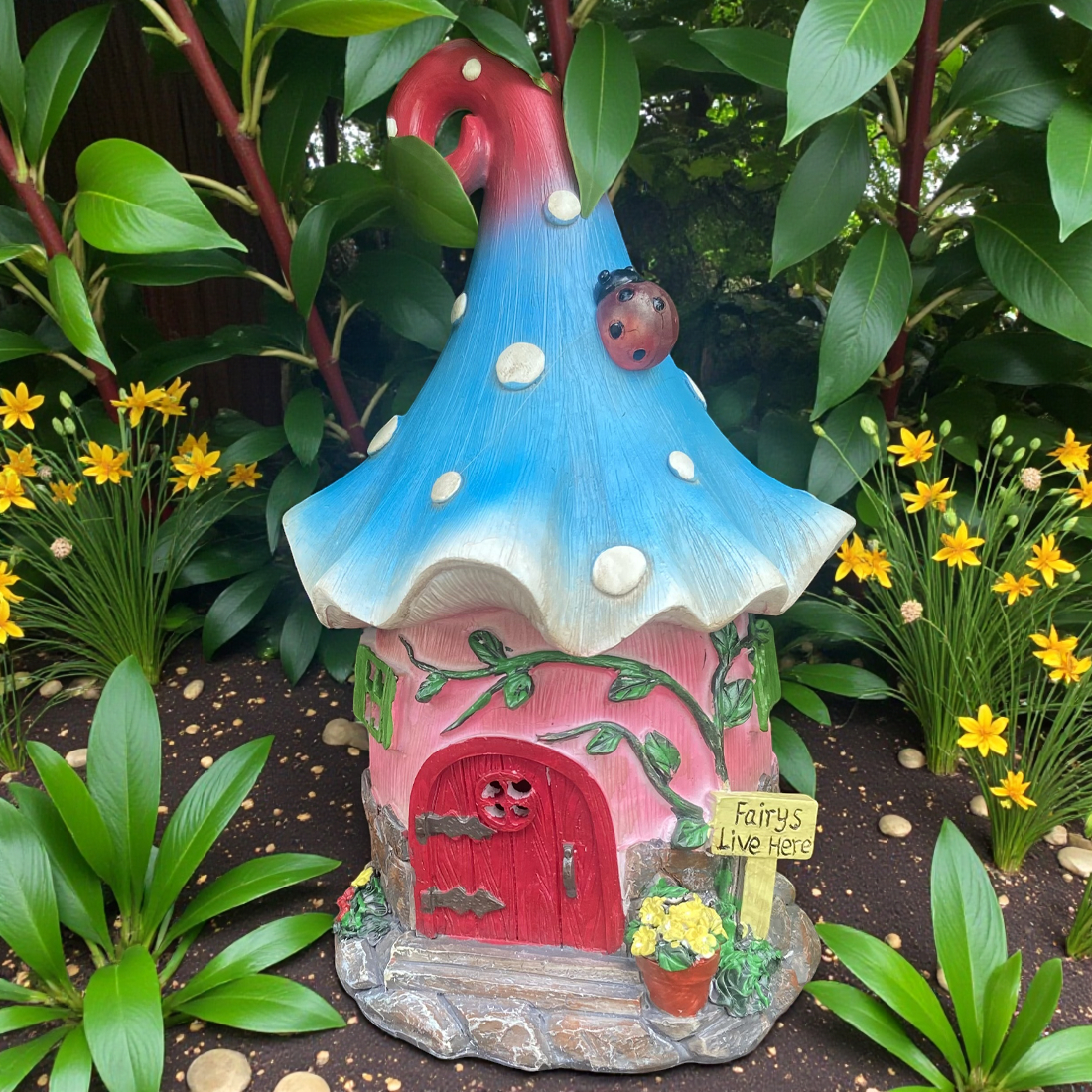 Fairies Live Here Solar Pink Flower Fairy House