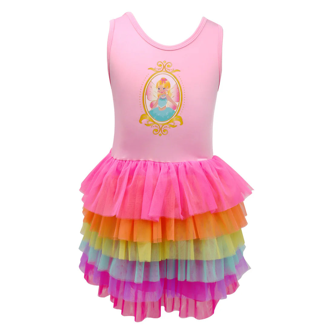 Pink dress with a princess graphic and multicolored layered skirt on a white background
