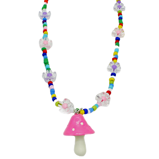 Fairy Garden Pendant With Mushroom and Daisys Necklace