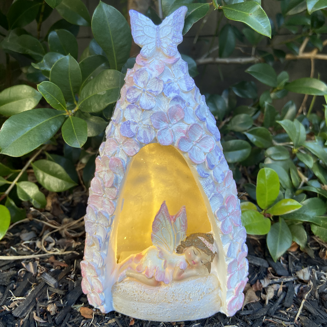 Fairy in a Light Up Pink and Purple Floral Cave