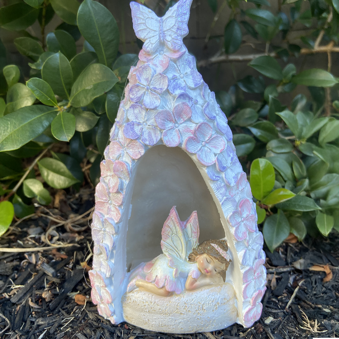 Fairy in a Light Up Pink and Purple Floral Cave