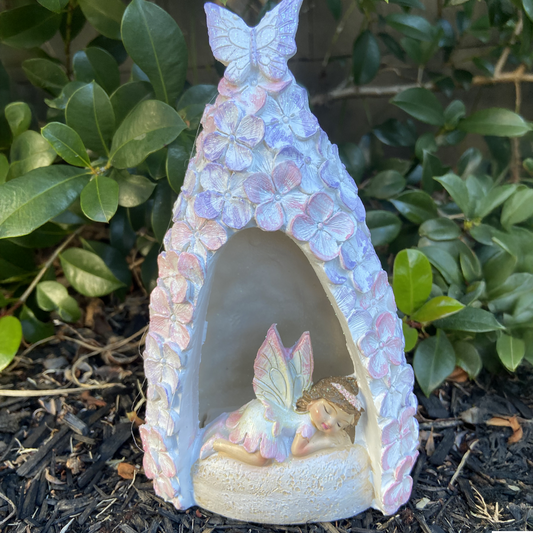 Fairy in a Light Up Pink and Purple Floral Cave
