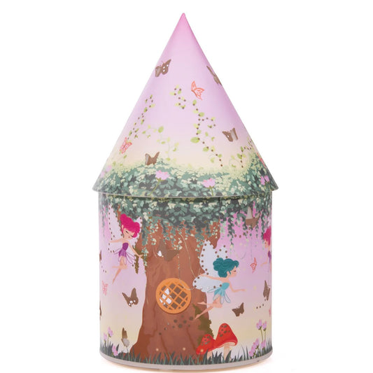 Fairy-themed cylindrical container with cone-shaped roof on a white background