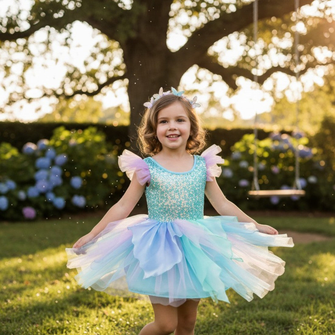 Young girl in a blue and purple dress with fairy wings standing outdoors.