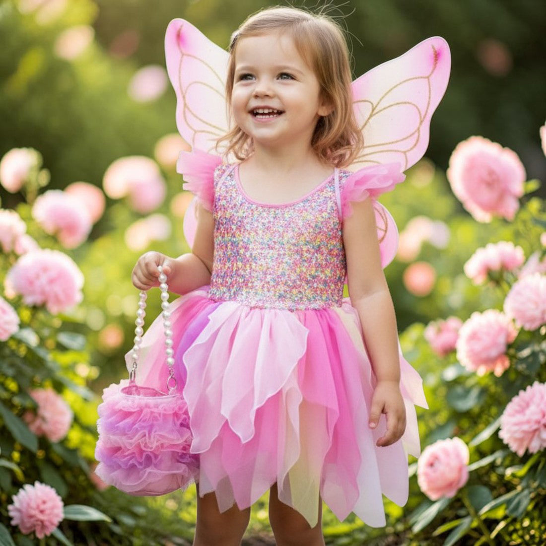 Child in a fairy costume with pink wings and dress standing among flowers.