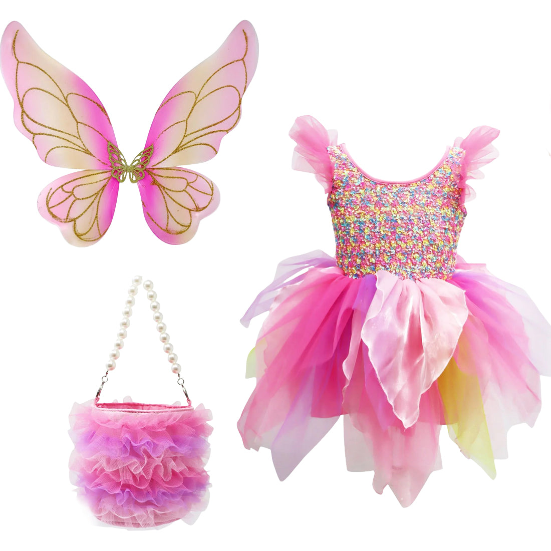 Children's fairy costume set with pink dress, wings, and bag on a white background