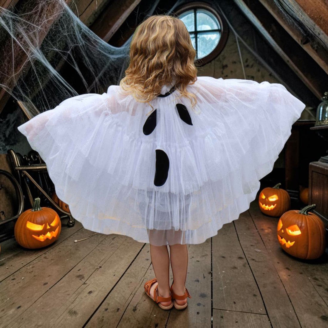 A child standing with their back to the camera wearing a ghost costume with a large white tulle cape and black ghost face details, in a spooky attic setting with jack-o'-lanterns.