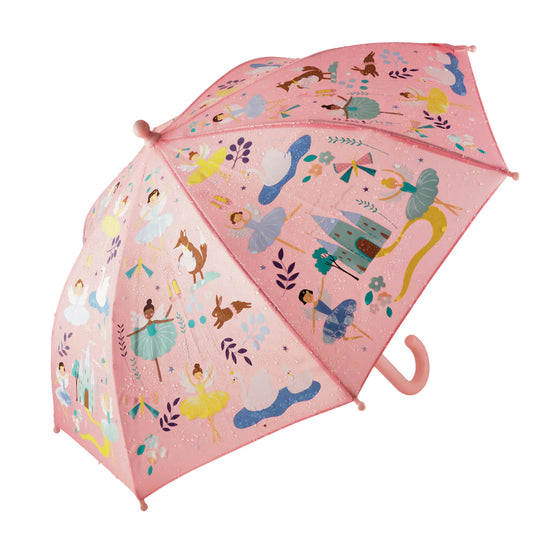 Pink children's umbrella with fairy tale design on a white background