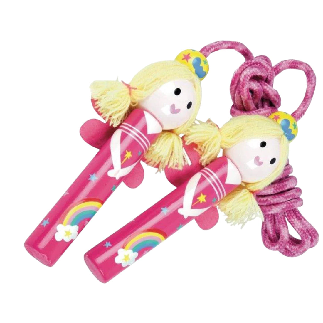 Pink children's jump rope with fairy design on a white background