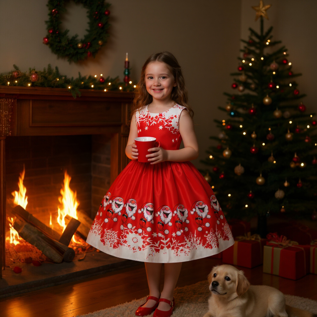 Girls Christmas Red Santa Print Party Dress
