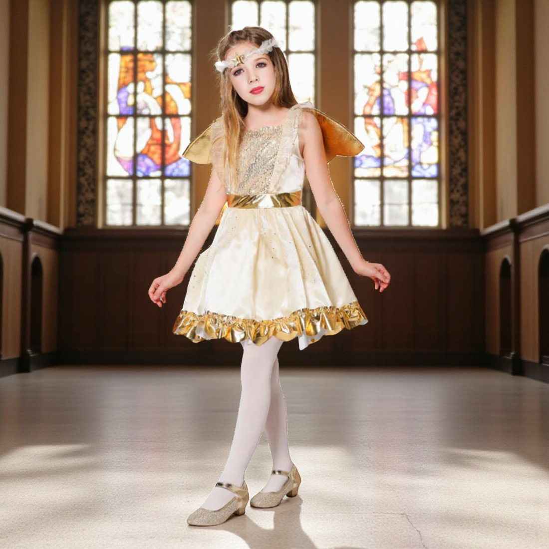 Girls Gold Angel Dress Costume