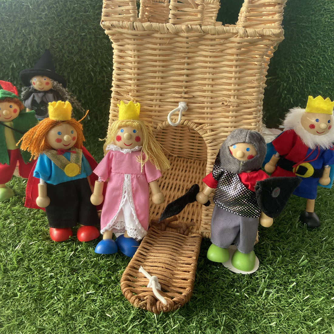 Handmade Castle Bag Basket With Fairytale Figurines Set