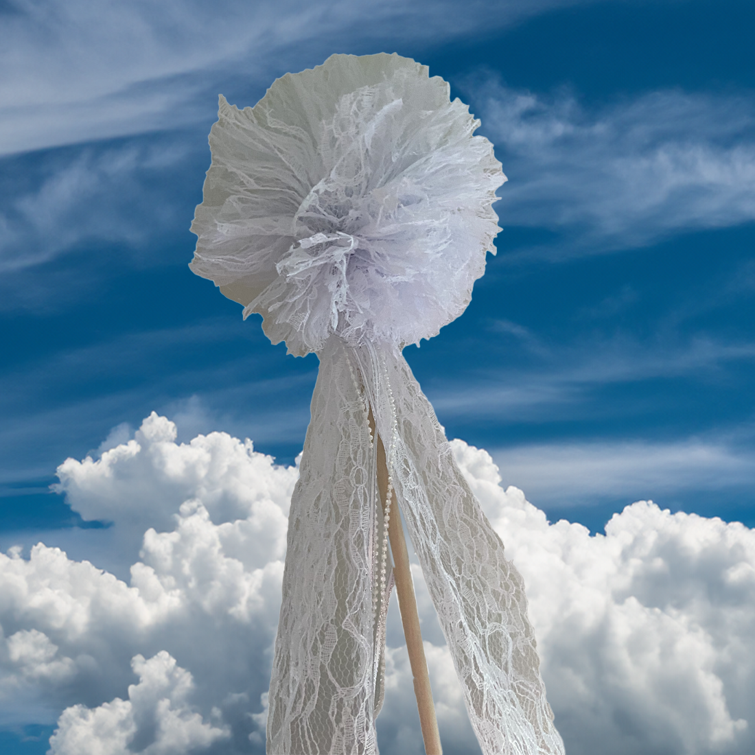Handmade White Lace Pom Pom Fairy Wand Flower Girl
