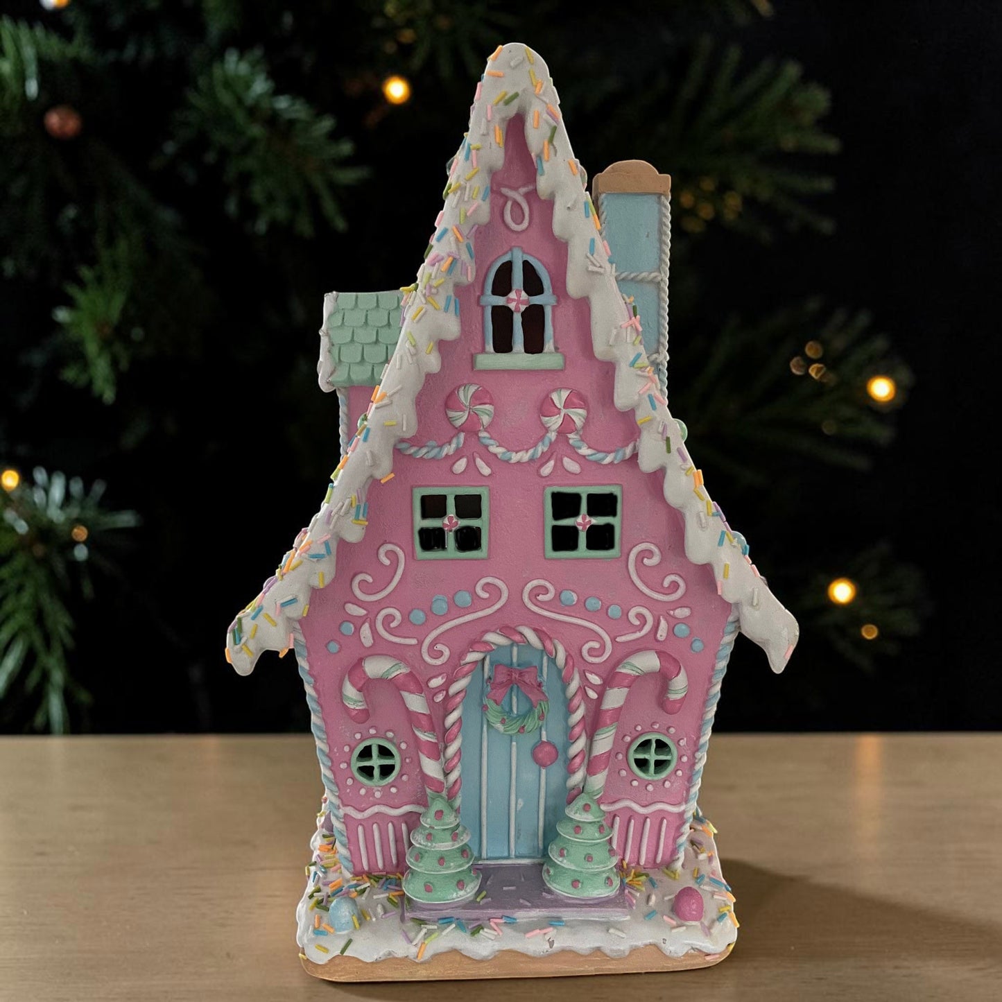 Large 40cm Pink Candy Cane Gingerbread Light Up House