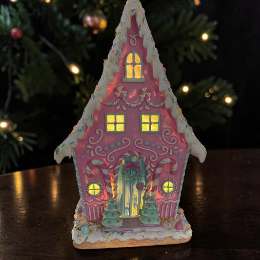 Large 40cm Pink Candy Cane Gingerbread Light Up House