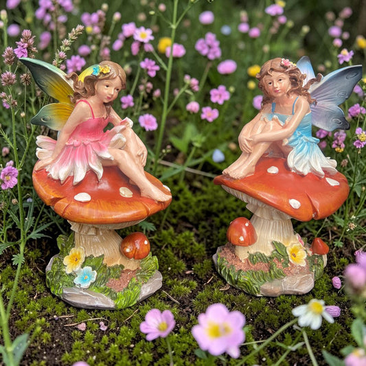 Two fairy figurines sitting on mushrooms in a garden setting with flowers.