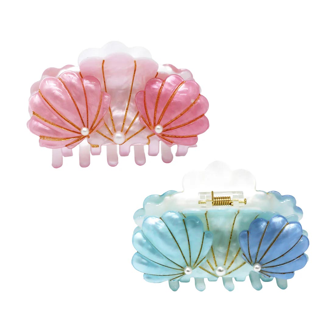 Two shell-shaped hair clips, one pink and one blue, on a white background.