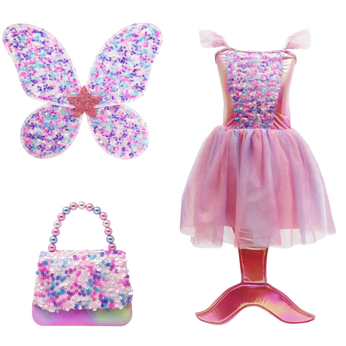 Children's mermaid costume set with dress, wings, and handbag on a white background