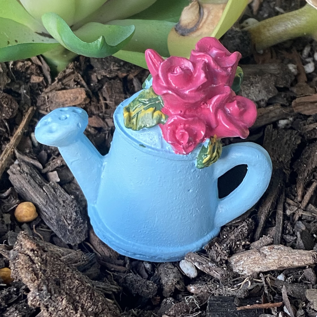 Miniature Blue Watering Can With Roses