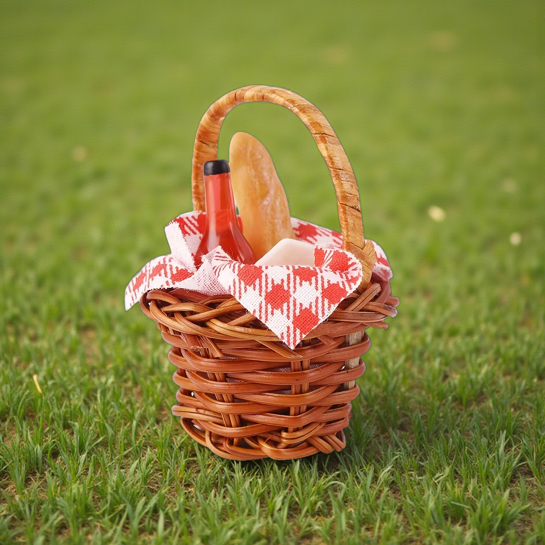 Miniature Picnic Basket With Bread and Wine