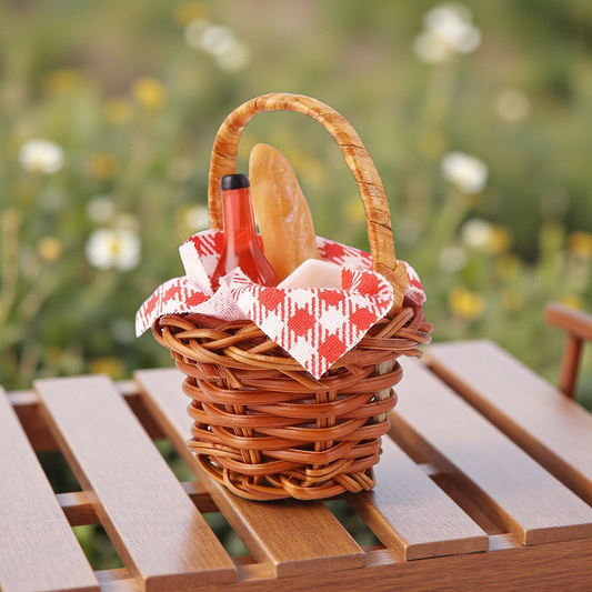 Miniature Picnic Basket With Bread and Wine