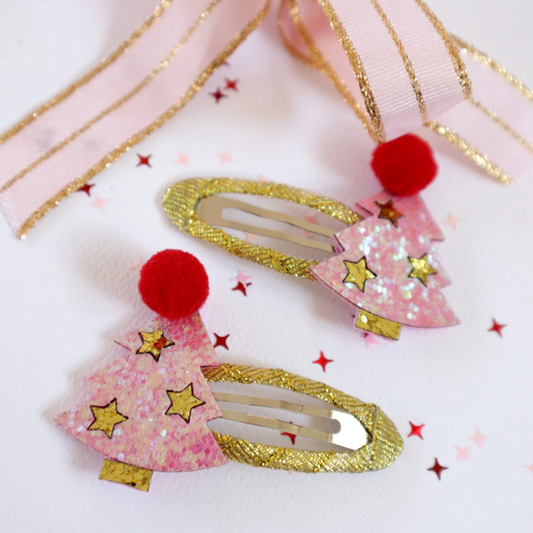 Pink Christmas Tree Hair Clips
