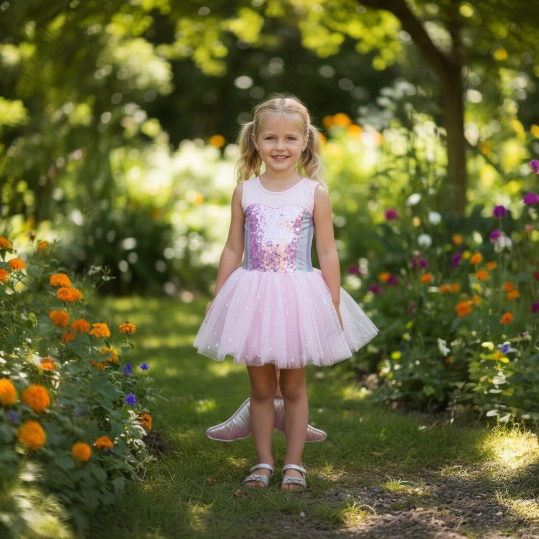 Young girl in a pink mermaid dress standing in a garden with flowers