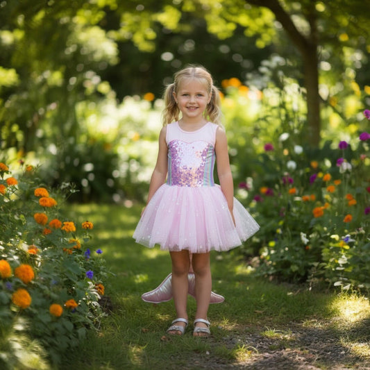 Young girl in a pink mermaid dress standing in a garden with flowers