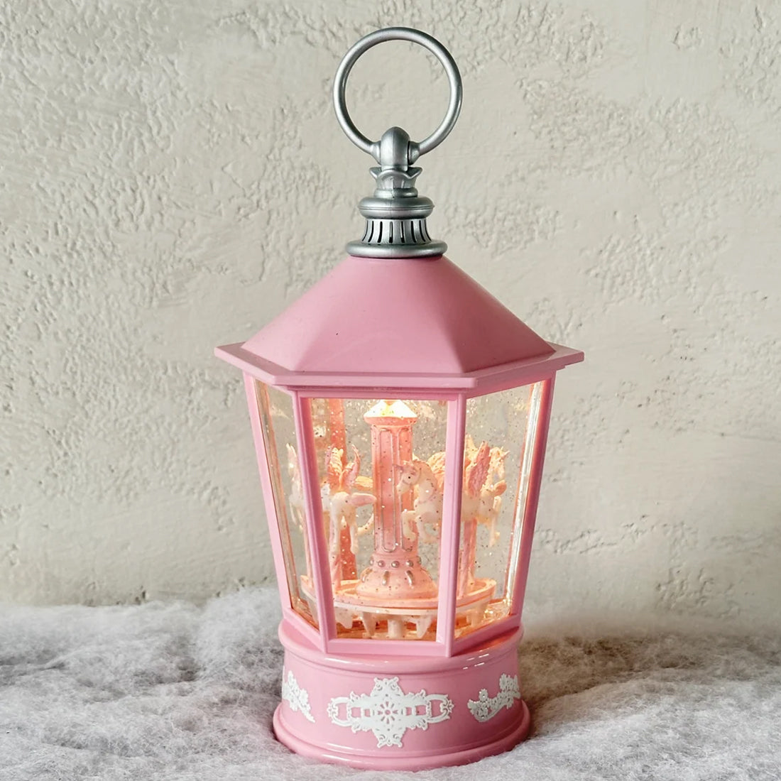 Pink Snowing Hexagonal Lantern with Unicorn Carousel – 27cm