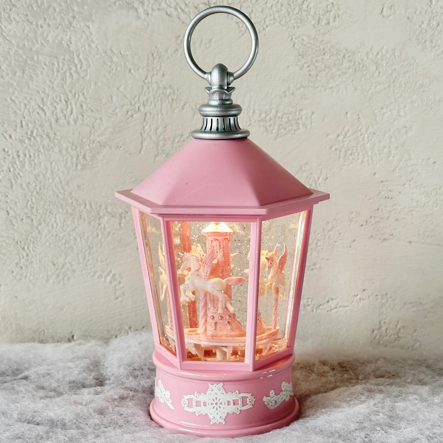 Pink Snowing Hexagonal Lantern with Unicorn Carousel – 27cm