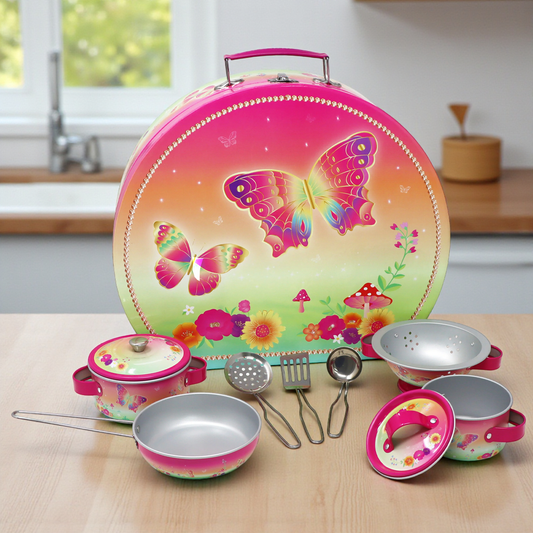 Children's kitchen set with colorful butterfly design on a wooden surface