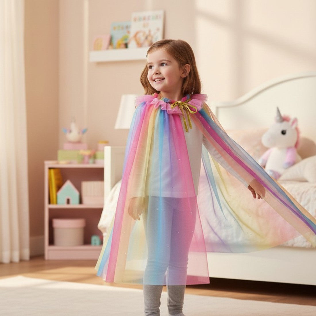 Child wearing a colorful rainbow cape in a bedroom