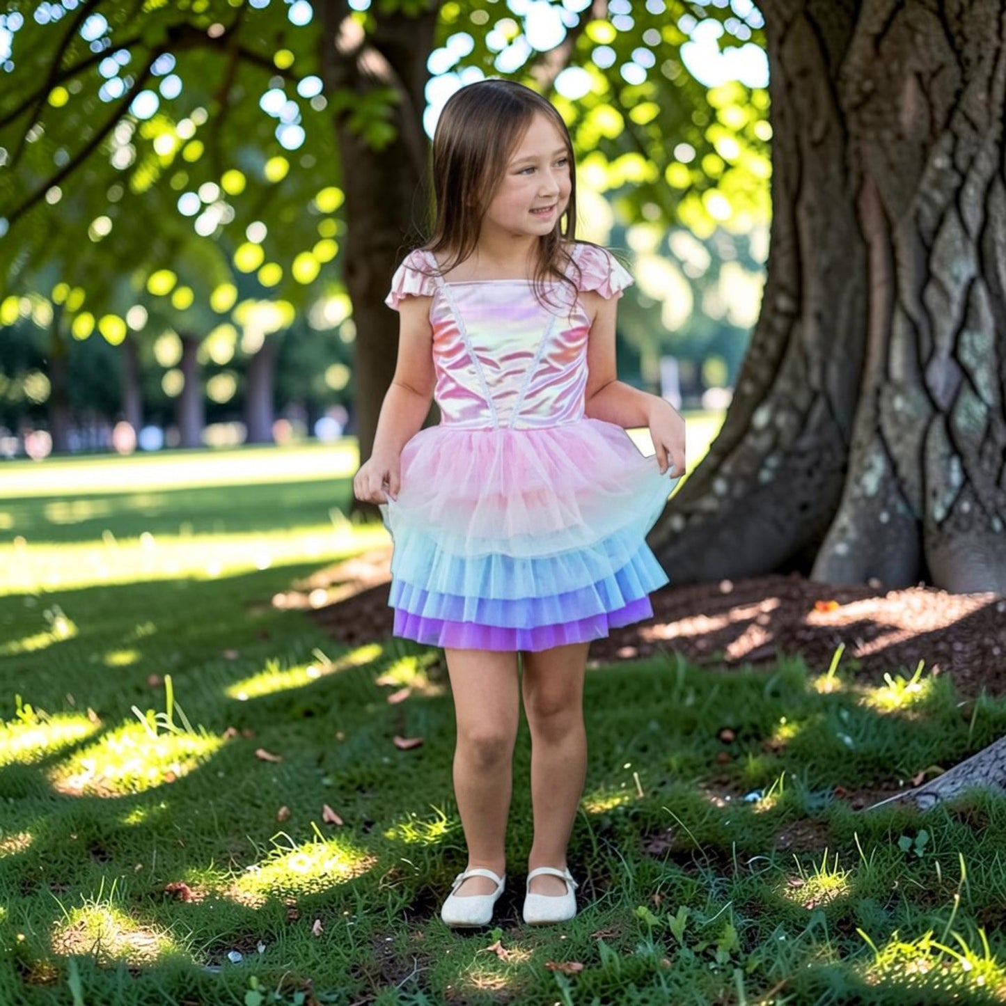a fairy dress with rainbow ruffle skirt and metallic dress on a girl standing in the wood