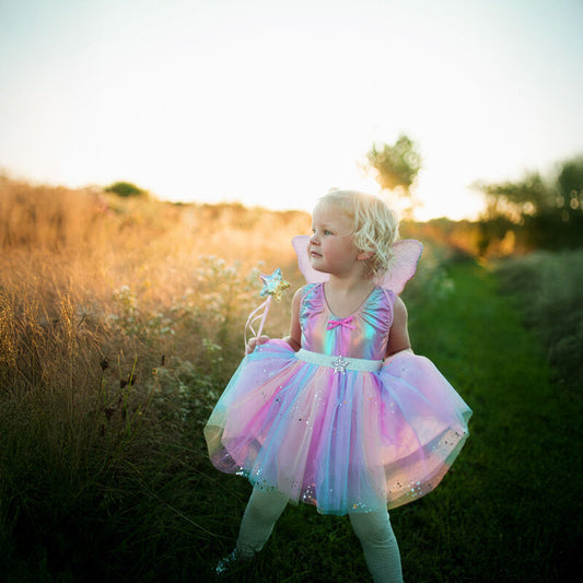 Child in a fairy costume standing in a field with a sunset background