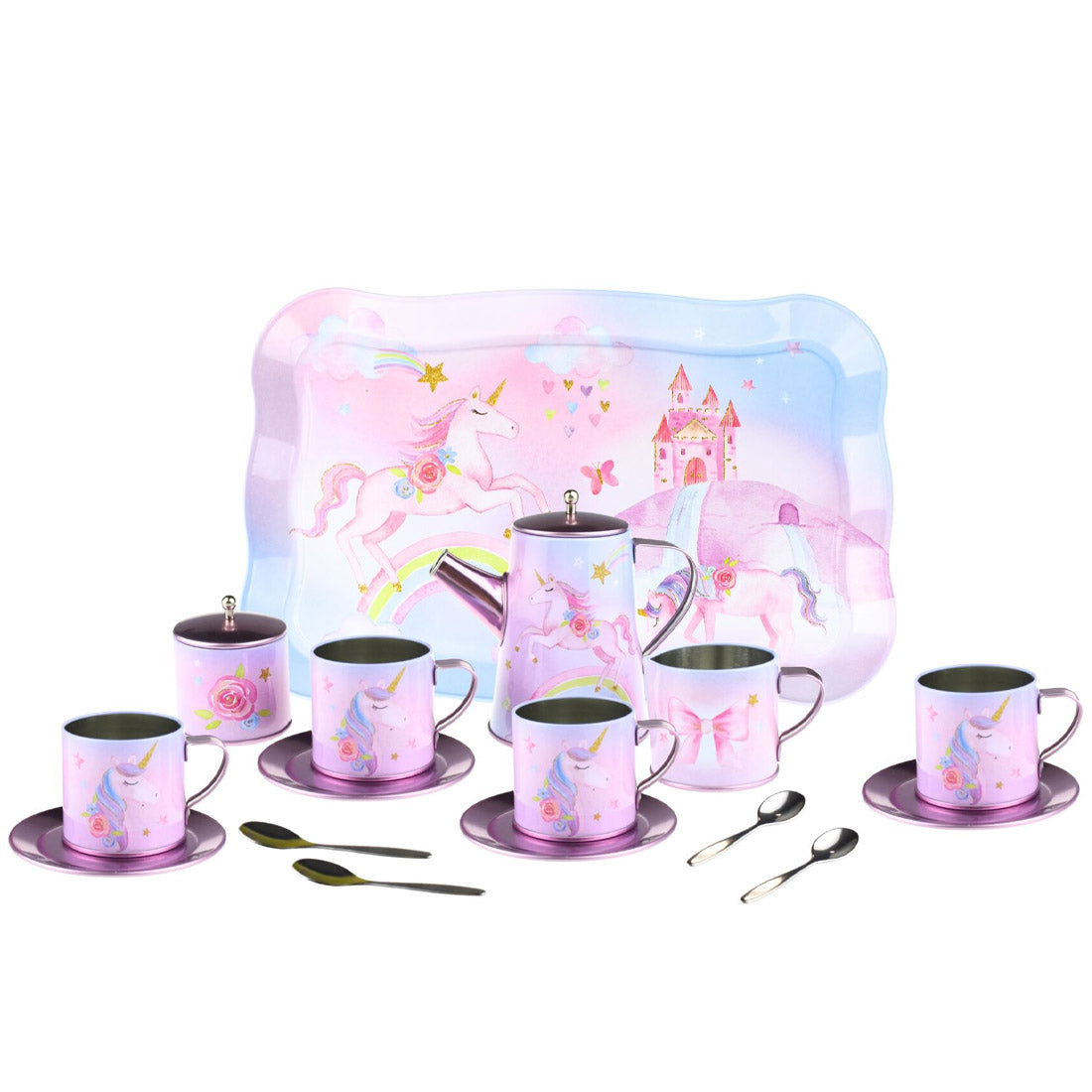 Rainbow Unicorn Tin Tea Mug Set in Suitcase 18pcs