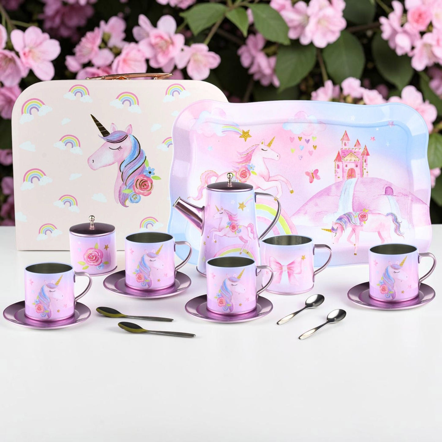 Rainbow Unicorn Tin Tea Mug Set in Suitcase 18pcs