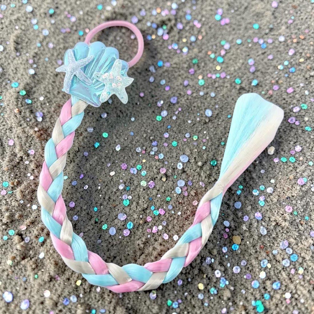 Sky Blue Pink and White Mermaid Hair Extension Pony Tail