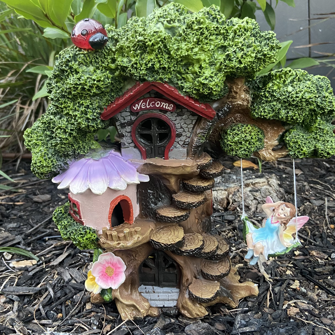 Solar Fairy Garden Tree House With Fairy On Swing