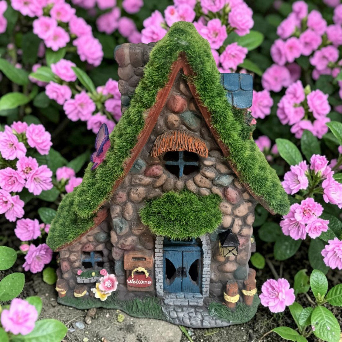 Solar Mossy Stone Cottage With Butterfly