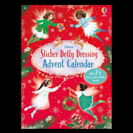 Advent calendar cover with fairies and Christmas elements on a red background