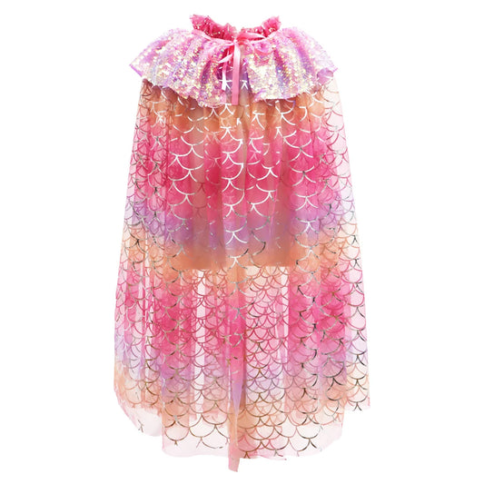 A pink mermaid-style cape with a ruffled collar, featuring a gradient of pink, peach, and purple with a scale pattern and glittery finish, shown against a plain white background.