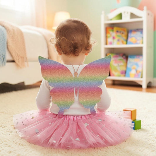 A toddler seen from behind wearing a glittery rainbow butterfly wing costume accessory over a white long-sleeve top and a pink tutu skirt, sitting on a cream rug in a child's room.