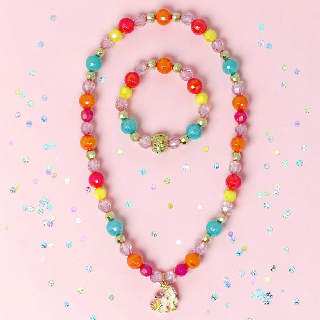 Unicorn Rainbow Charm Necklace and Bracelet Set