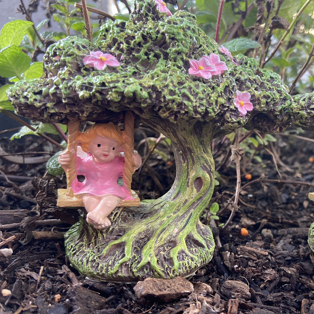 10cm Pink or Purple Fairy on a Tree Swing Figurine