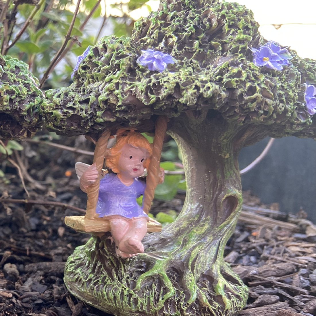 10cm Pink or Purple Fairy on a Tree Swing Figurine