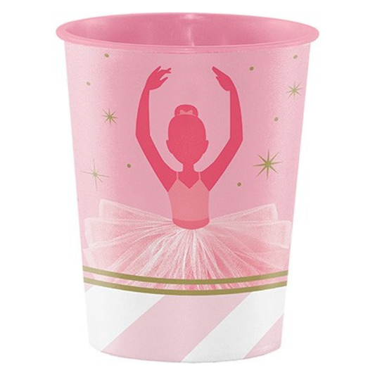 A pink plastic cup with a gold metallic frame illustration of a ballerina dancing, part of the Twinkle Toes series.