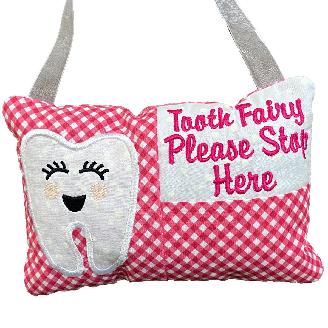 Child's Tooth Fairy Hanging Pillow Cushion Pink Gingham