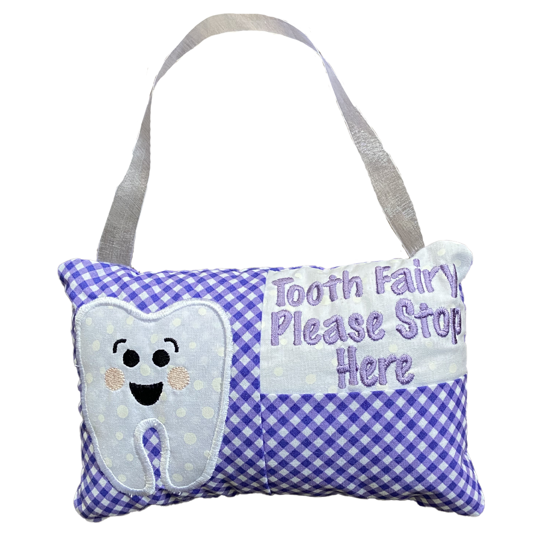 Child's Tooth Fairy Hanging Pillow Cushion Purple Gingham